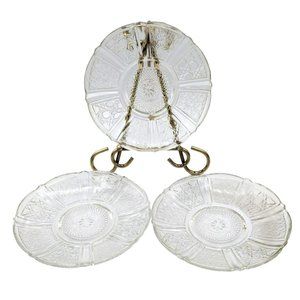 Set of 3 Daisey and Cane Small Plates Saucers Clear Glass Cut Malaysian Marked